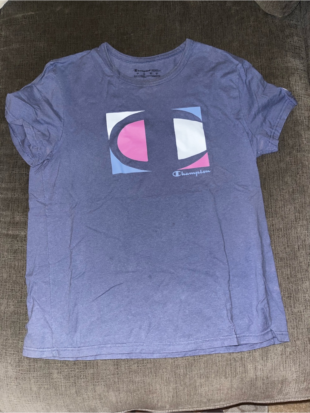 Champion women Graphic Crew Tee in Purple with Pink & White Accents